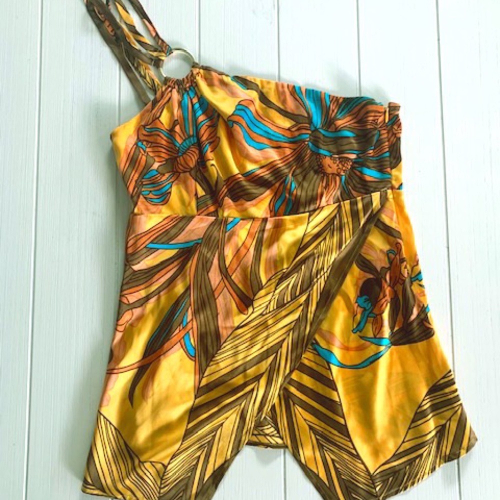 Arden B Tropical One-Shoulder Silk Top